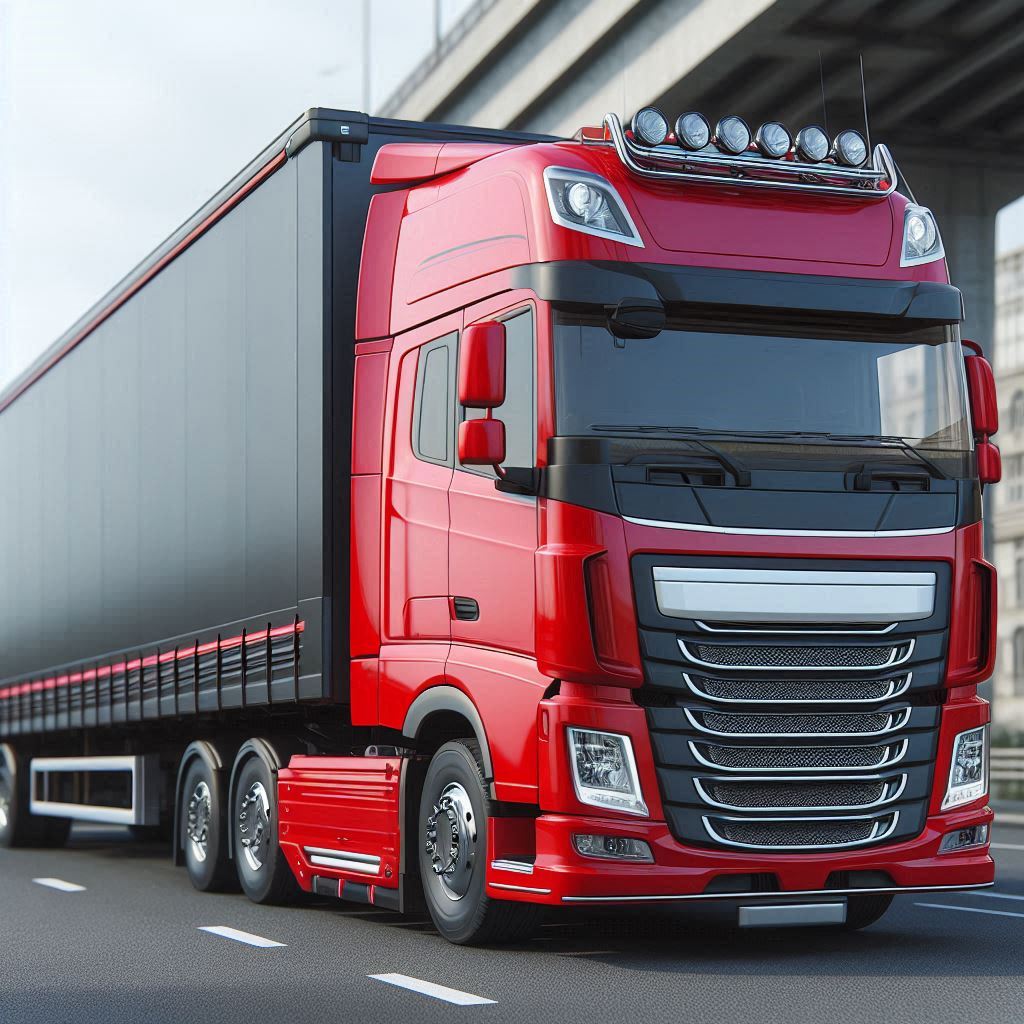 A red truck driving down a road