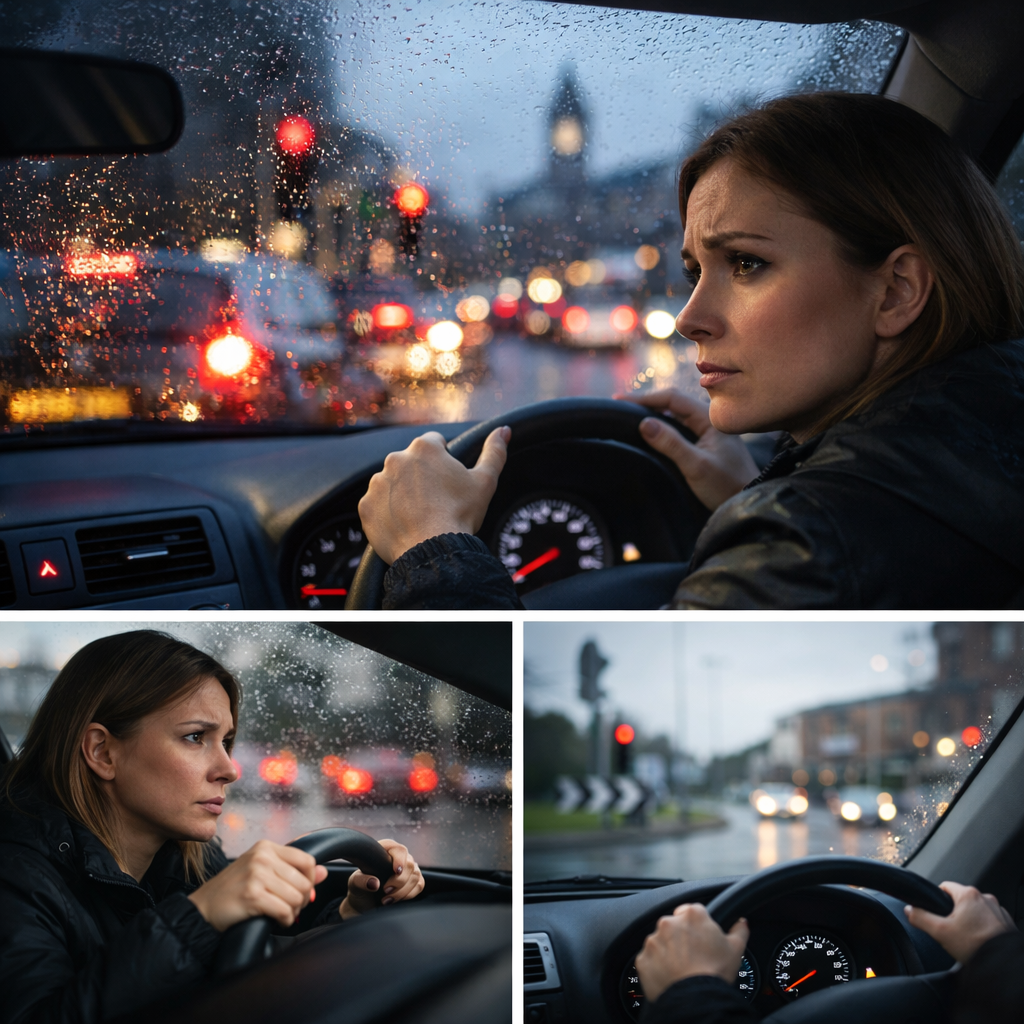 Driver experiencing anxiety when returning to busy Belfast roads following a road traffic accident, reflecting the psychological trauma many individuals report after an RTA in Northern Ireland.