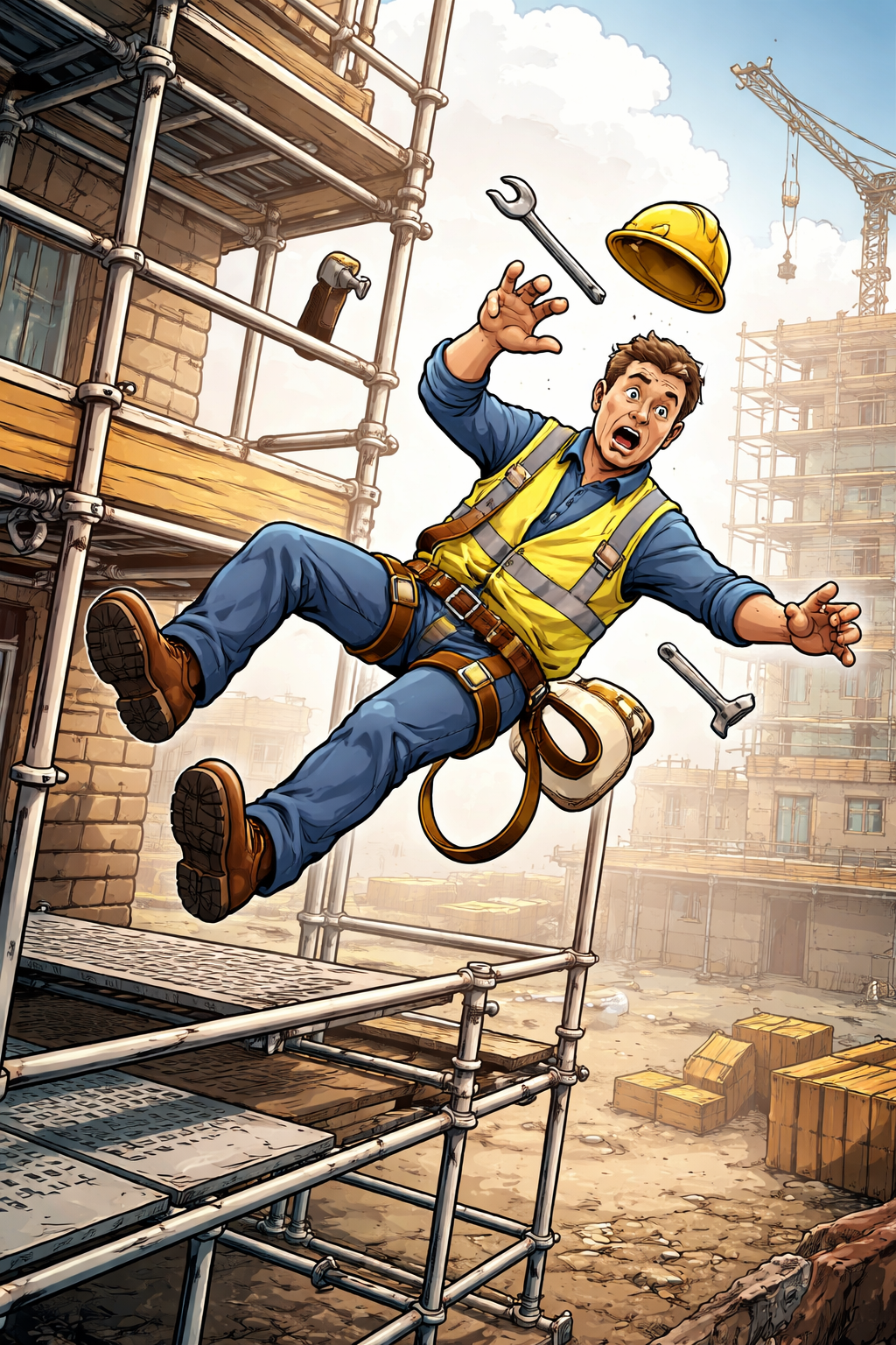 Cartoon illustration of a construction worker falling from scaffolding during a working at height accident on a building site.