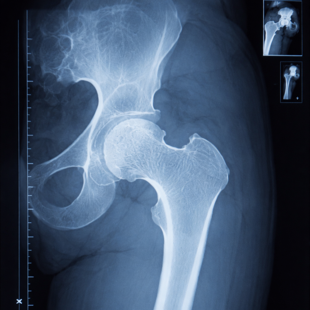 CT scan of the femur and hip joint used in diagnosing suspected hip fractures in medical negligence cases